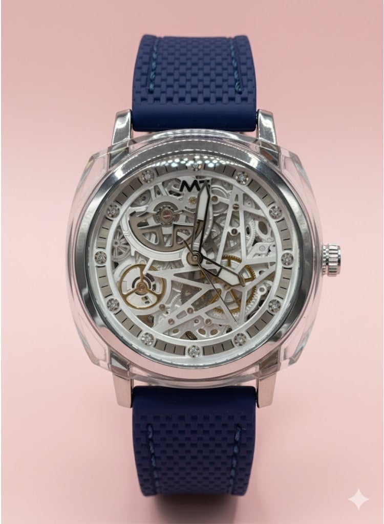 ام جي ساعة أوتوماتيكية فاخرة بهيكل عظمي وسوار أزرق - Image 1