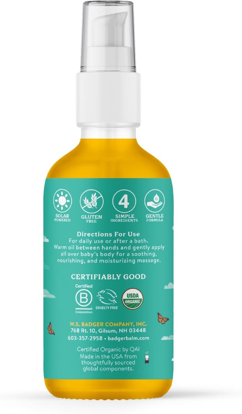 Badger Baby Oil 100 Organic Ingredients to Soften  Moisturize Dry Skin or Cradle Cap Soothing Vegan Organic Baby Oil 4 fl oz Glass Bottle - Image 2