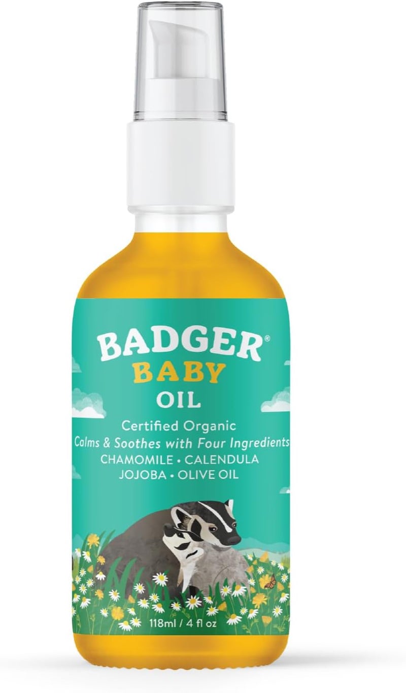 Badger Baby Oil 100 Organic Ingredients to Soften  Moisturize Dry Skin or Cradle Cap Soothing Vegan Organic Baby Oil 4 fl oz Glass Bottle - Image 1