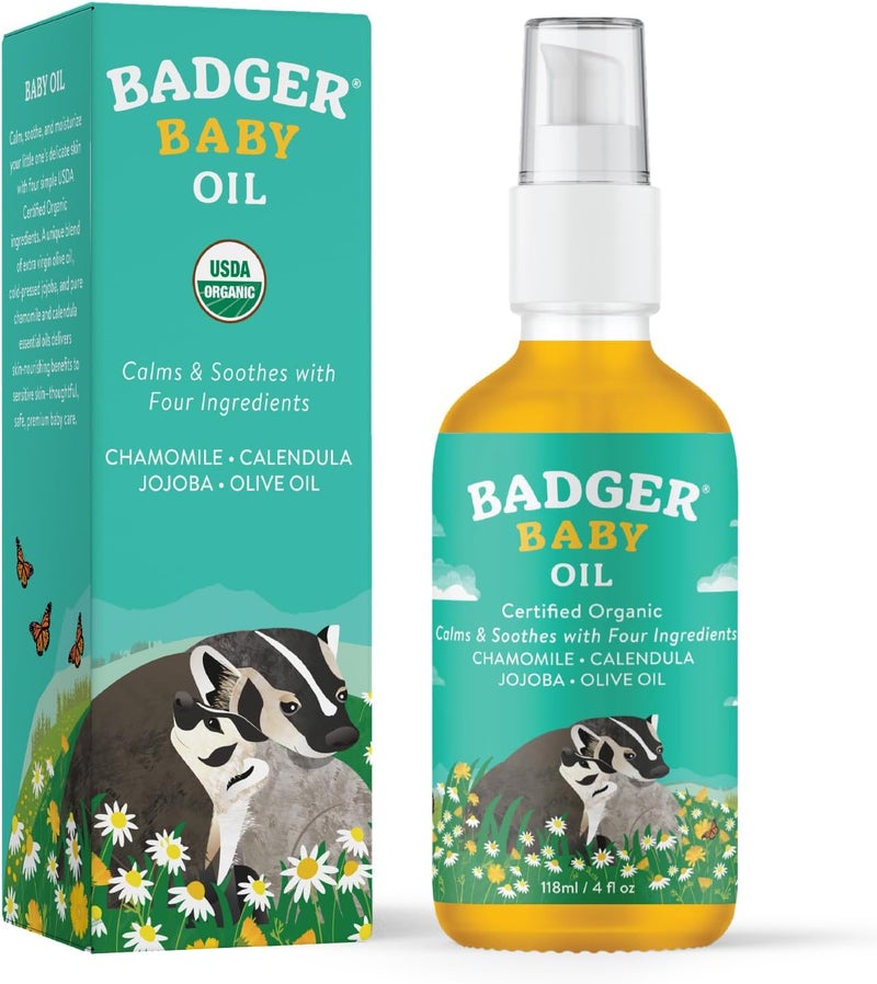 Badger Baby Oil 100 Organic Ingredients to Soften  Moisturize Dry Skin or Cradle Cap Soothing Vegan Organic Baby Oil 4 fl oz Glass Bottle - Image 4