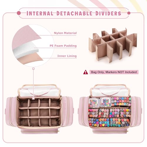 Rexmica Marker Organizer Bag for 180-300 Markers, Large Marker Storage Case with Detachable Divider for Adults, Markers Travel Holder Case Bag for Various Markers or Other Art Craft Supply, Pink - Image 3