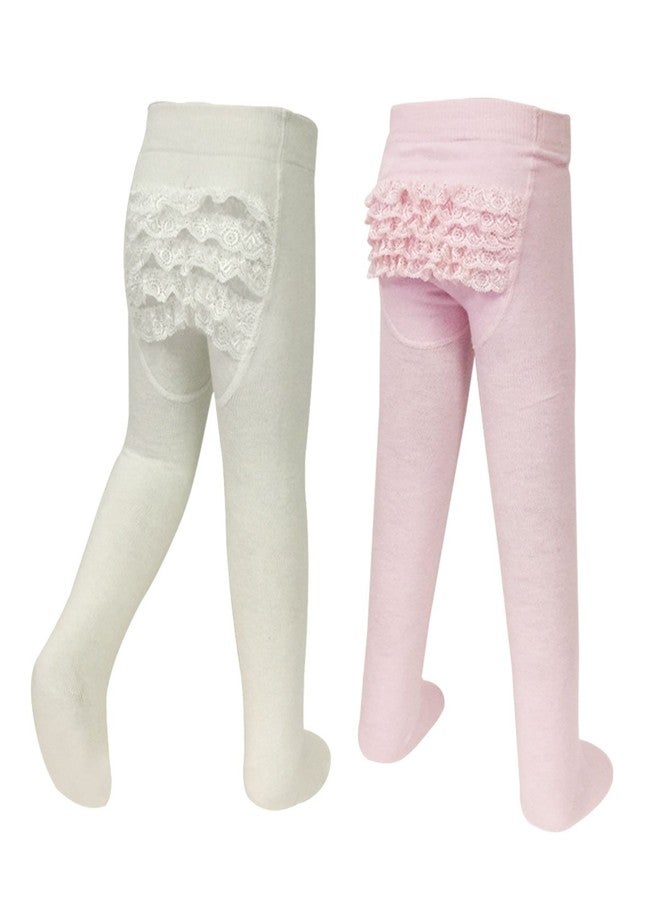 Bowbear 2-Pair Little Girl Ruffle Bottom Cotton Tights (Pink & Ivory), 6-12 Months - Image 1
