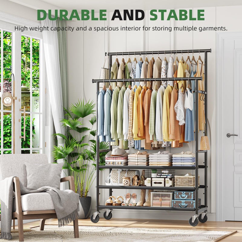 Ekisemio Clothes Rack, Double Rods Rolling Clothing Racks for Hanging Clothes, Portable Garment Rack with 3 Shelves, Wardrobe Rack Load 300 LBS for Bedroom Laundry, Black - Image 2