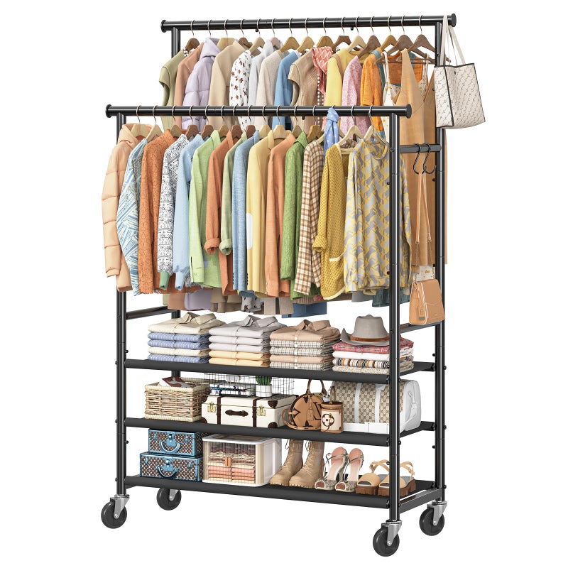 Ekisemio Clothes Rack, Double Rods Rolling Clothing Racks for Hanging Clothes, Portable Garment Rack with 3 Shelves, Wardrobe Rack Load 300 LBS for Bedroom Laundry, Black - Image 1