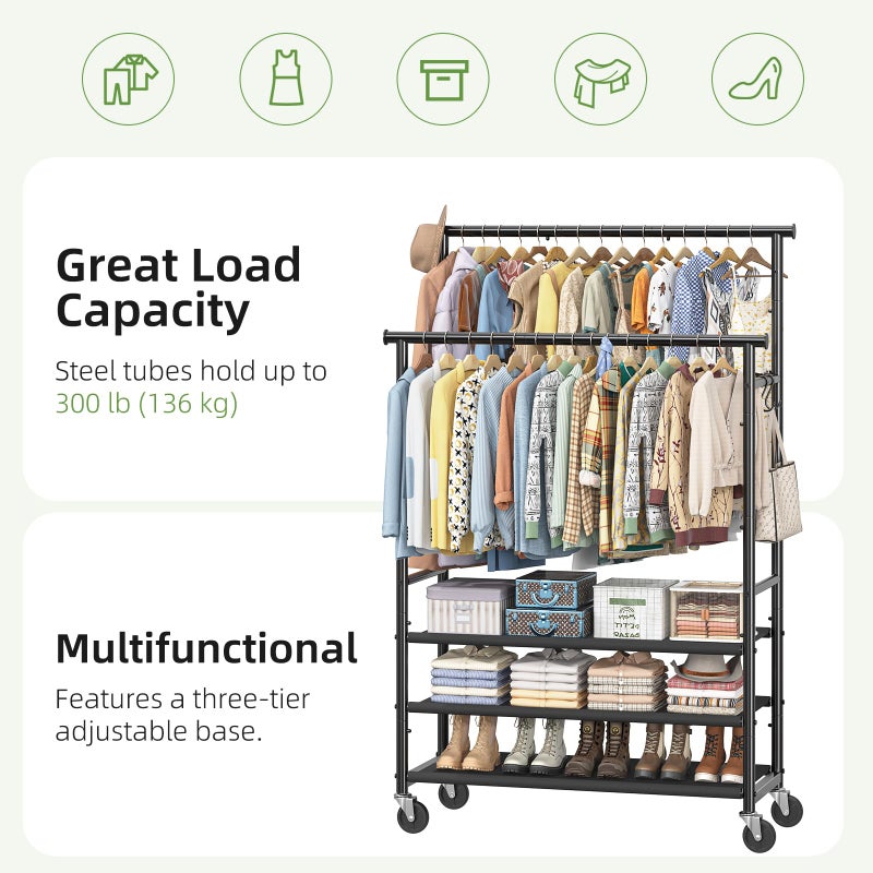Ekisemio Clothes Rack, Double Rods Rolling Clothing Racks for Hanging Clothes, Portable Garment Rack with 3 Shelves, Wardrobe Rack Load 300 LBS for Bedroom Laundry, Black - Image 5