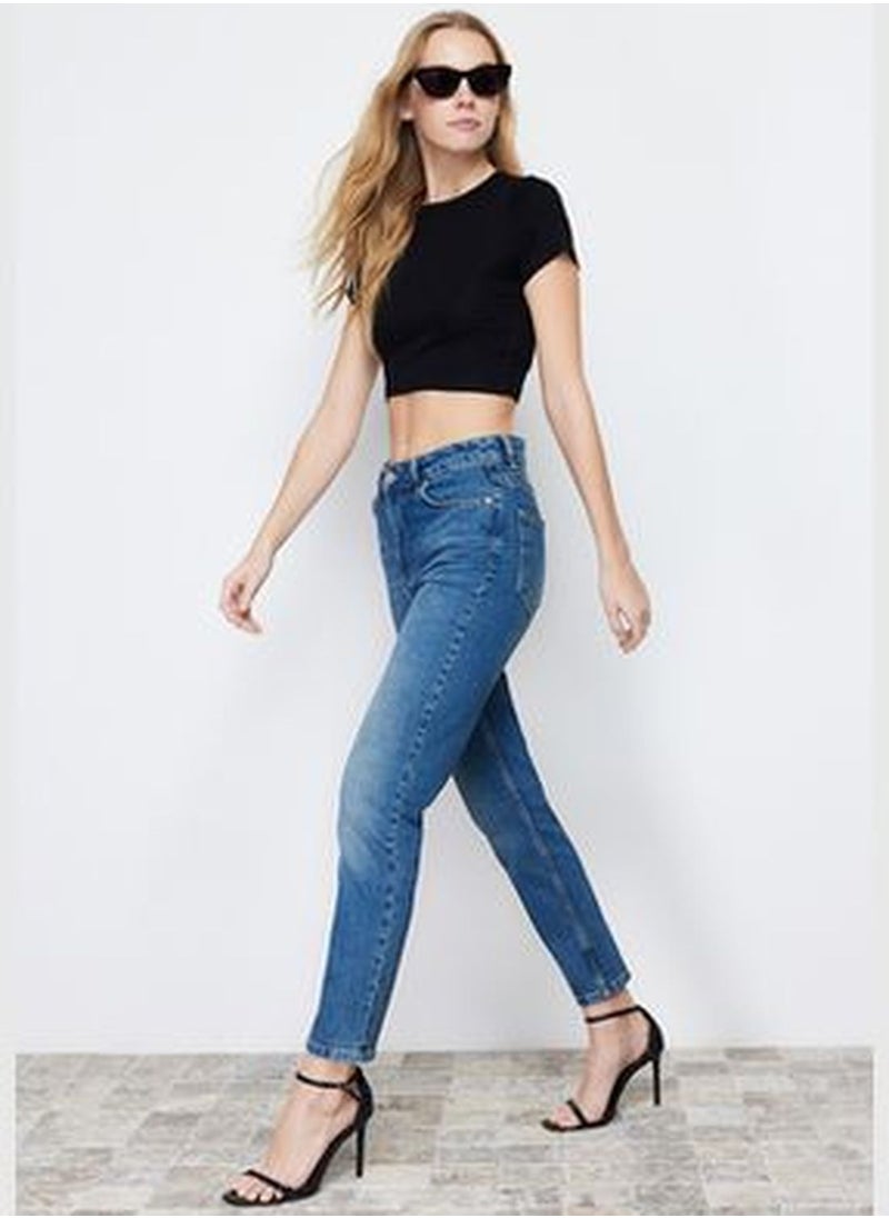 trendyol Blue High Waist Slim Mom Jeans TWOSS24JE00034  - Image 3