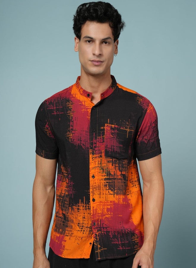 OUTLAWS Men's Multicoloured Abstract Printed Casual Shirt with Mandarin Collar - Image 1