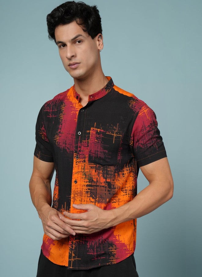 OUTLAWS Men's Multicoloured Abstract Printed Casual Shirt with Mandarin Collar - Image 3
