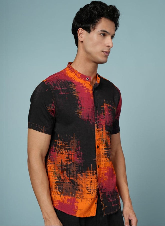 OUTLAWS Men's Multicoloured Abstract Printed Casual Shirt with Mandarin Collar - Image 2