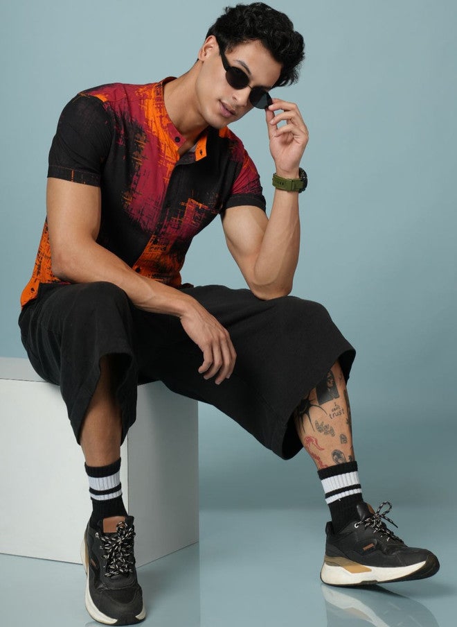 OUTLAWS Men's Multicoloured Abstract Printed Casual Shirt with Mandarin Collar - Image 5