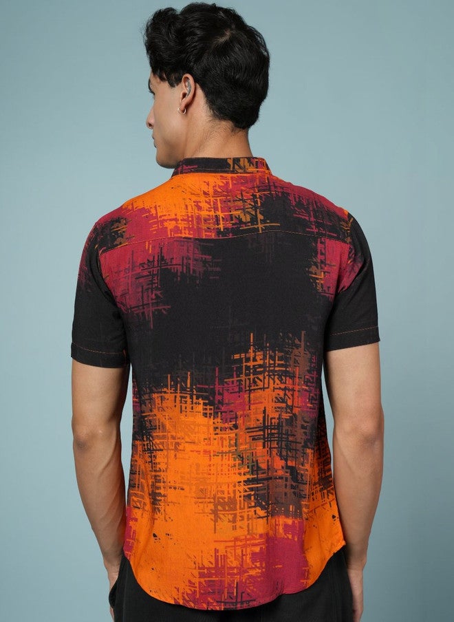 OUTLAWS Men's Multicoloured Abstract Printed Casual Shirt with Mandarin Collar - Image 4