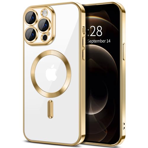 Hython Magnetic Clear for iPhone 12 Pro Case with Camera Lens Protector [Compatible with MagSafe] Luxury Plating Edge Slim Soft TPU Cover Protective Phone Case for iPhone 12 Pro 6.1", Gold - Image 1