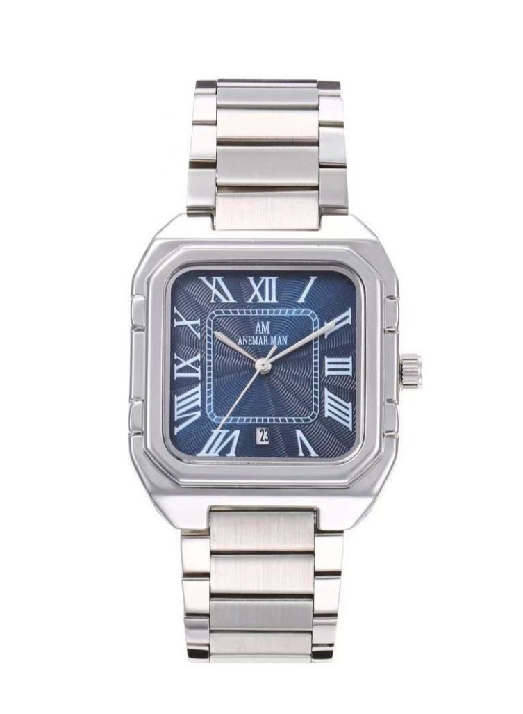ANEMAR MAN Men's waterproof watch with high quality steel, silver bracelet and blue dial