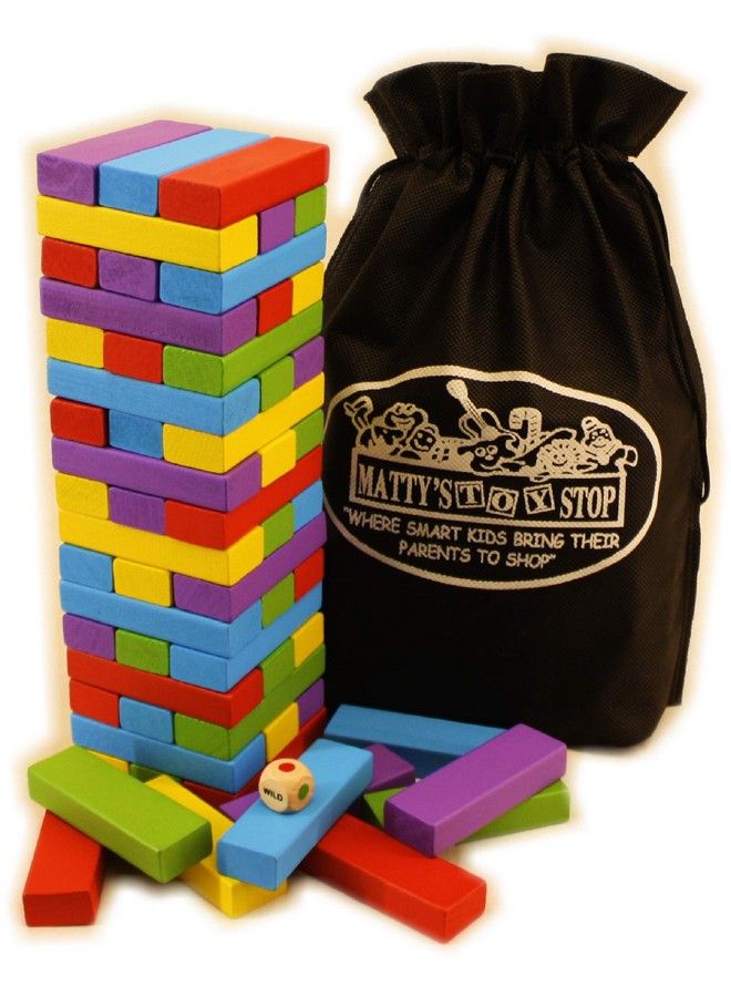 Matty's Toy Stop Matty'S Mix Up 60Pc Large Colorful Wooden Tumble Tower Deluxe Stacking Game With Storage Bag - Image 1