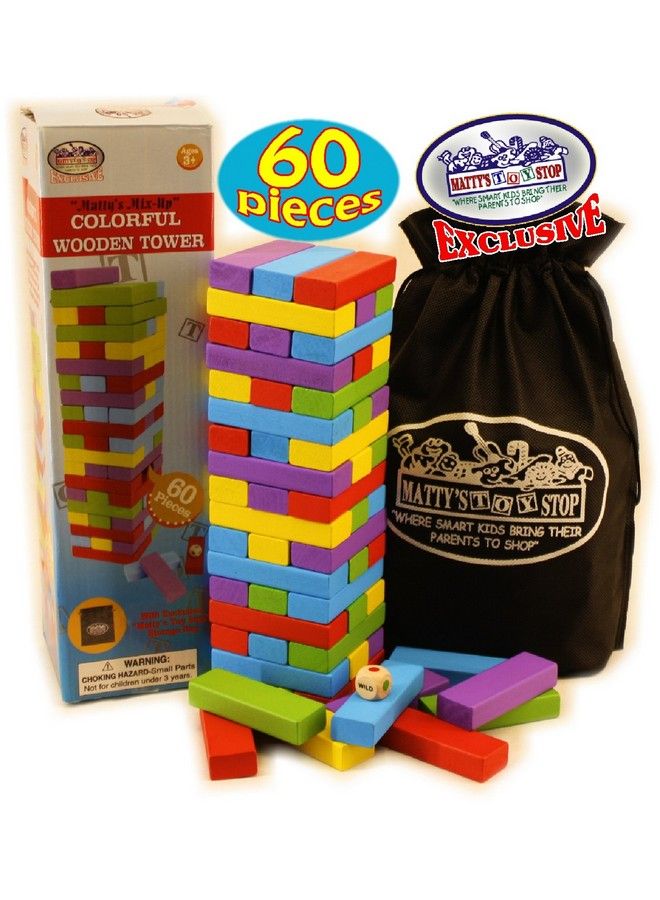 Matty's Toy Stop Matty'S Mix Up 60Pc Large Colorful Wooden Tumble Tower Deluxe Stacking Game With Storage Bag - Image 3
