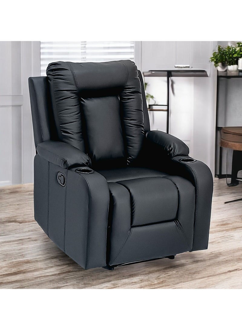 مفروشات صابر واخوانه (ذ.م.م) SBF Single Seater PU Leather Manual Recliner with Cup Holders - Modern Design, Ultimate Comfort, One-Seat Relaxing Chair, Ideal Living Room Furniture For Home Relaxation Experience, Black - Image 1