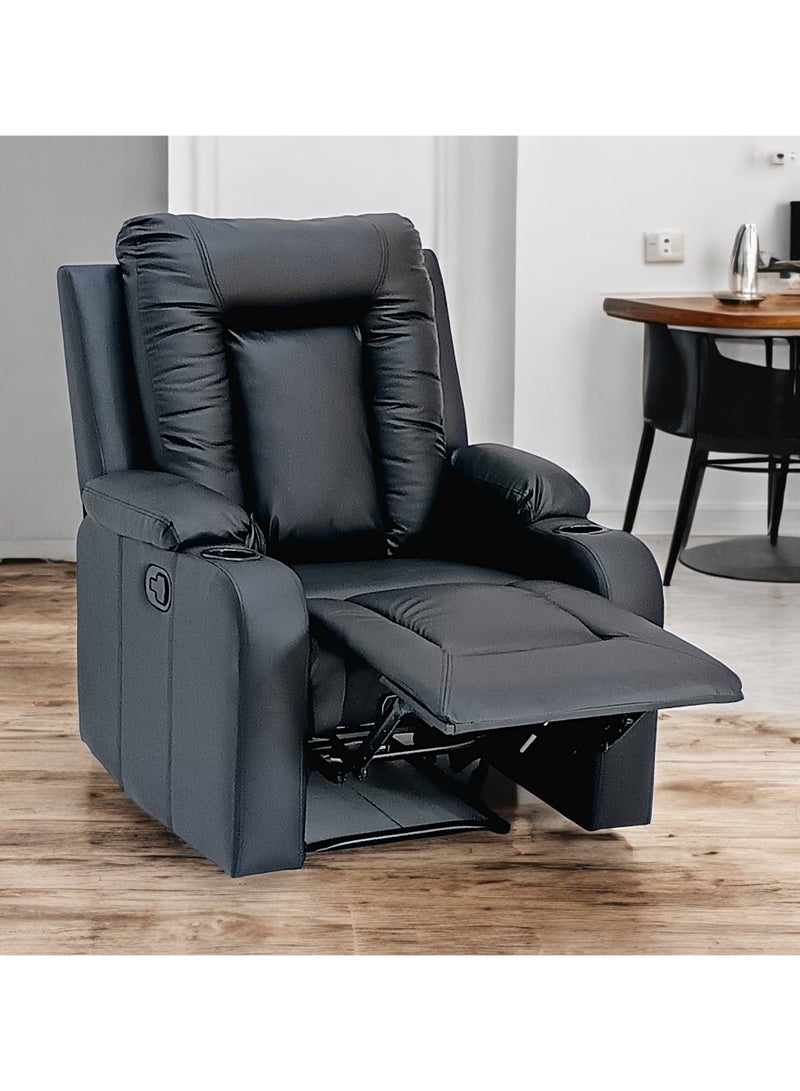 مفروشات صابر واخوانه (ذ.م.م) SBF Single Seater PU Leather Manual Recliner with Cup Holders - Modern Design, Ultimate Comfort, One-Seat Relaxing Chair, Ideal Living Room Furniture For Home Relaxation Experience, Black - Image 2
