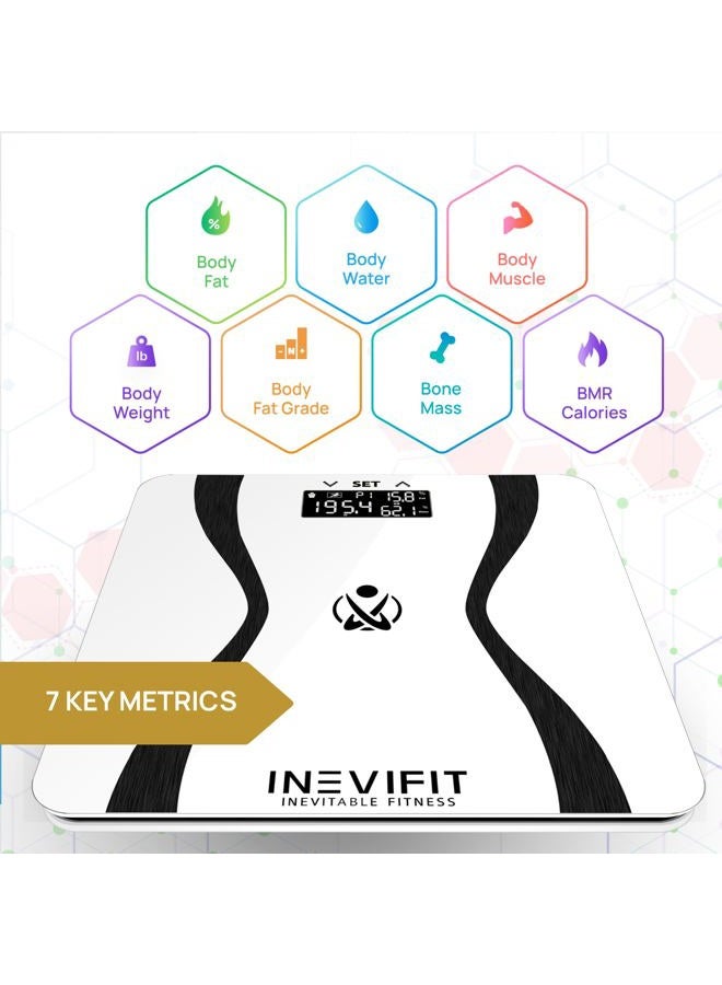 INEVIFIT ميزان تحليل الجسم - ميزان دقيق للغاية لتحليل تكوين الجسم الرقمي في الحمام، يقيس الوزن، الدهون، الماء، الكتلة العضلية وكتلة العظام لـ 10 مستخدمين. يشمل ضمان لمدة 5 سنوات. - Image 2
