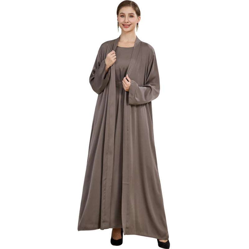 khalat Women Muslim Abaya Dress 2PCS Lightweight Satin Abaya Dress for Women Islamic Dubai Modest Kaftan Prayer Dress Taro - Image 2