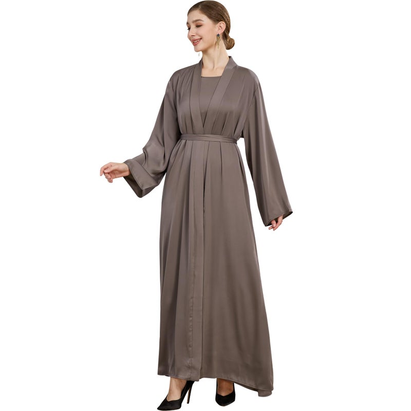 khalat Women Muslim Abaya Dress 2PCS Lightweight Satin Abaya Dress for Women Islamic Dubai Modest Kaftan Prayer Dress Taro - Image 4