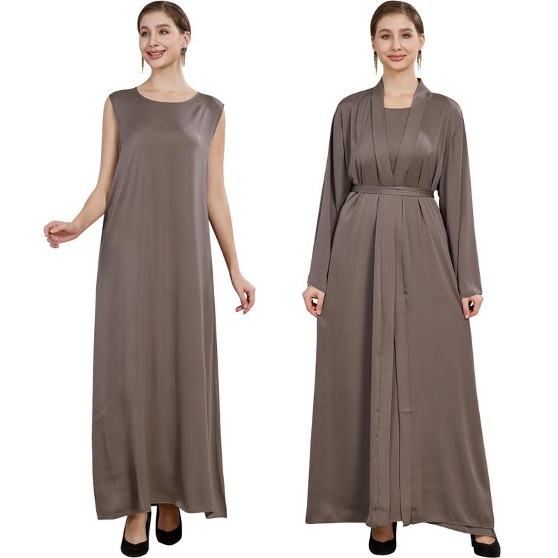khalat Women Muslim Abaya Dress 2PCS Lightweight Satin Abaya Dress for Women Islamic Dubai Modest Kaftan Prayer Dress Taro - Image 5