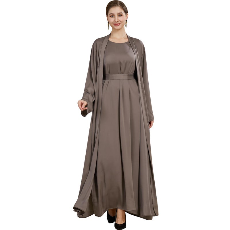 khalat Women Muslim Abaya Dress 2PCS Lightweight Satin Abaya Dress for Women Islamic Dubai Modest Kaftan Prayer Dress Taro - Image 1