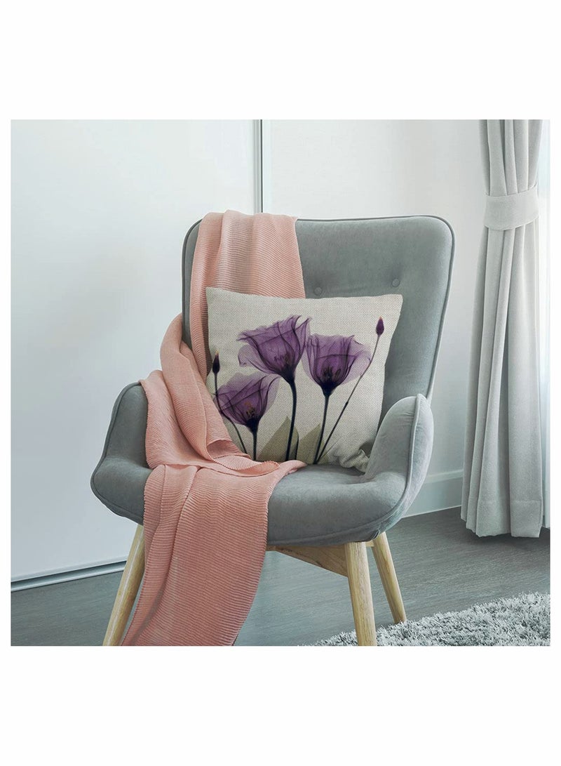 SOLARAE Throw Pillow Covers Set of 4 Purple Flower Cushion Covers 18x18 inch Boho Linen Square Throw Pillow Cover for Living Room Sofa Couch Bed Pillowcase 45cm x 45cm - Image 3