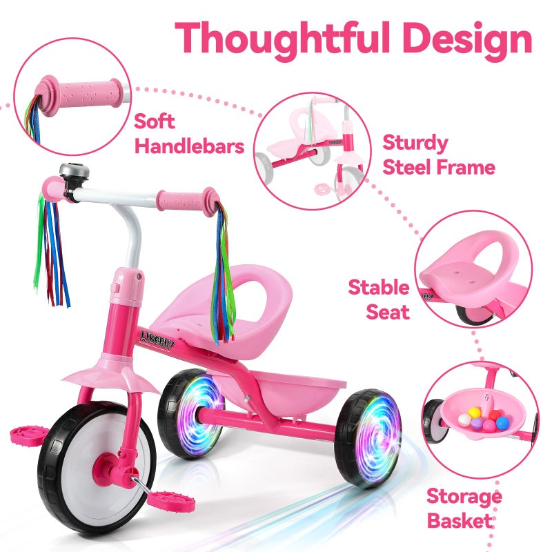 Liberry Toddler Tricycle Age 2 3 4 Years Old, Kids Trike with Light Up Wheels, Removable Pedal and Basket, 3 Wheel Bike Outdoor Indoor Riding Toy Gift for Girls Boys, Pink - Image 4