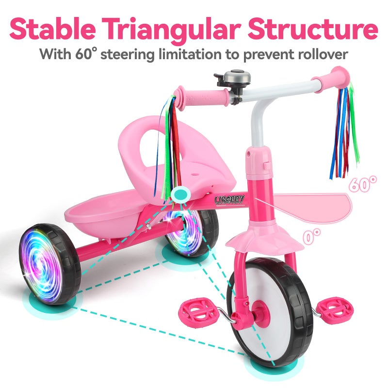 Liberry Toddler Tricycle Age 2 3 4 Years Old, Kids Trike with Light Up Wheels, Removable Pedal and Basket, 3 Wheel Bike Outdoor Indoor Riding Toy Gift for Girls Boys, Pink - Image 3