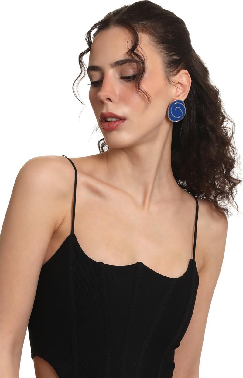 Labalaba Women's Silver Color Lacquer Coated Studded Model Midnight Blue Enamel Earrings - Image 2
