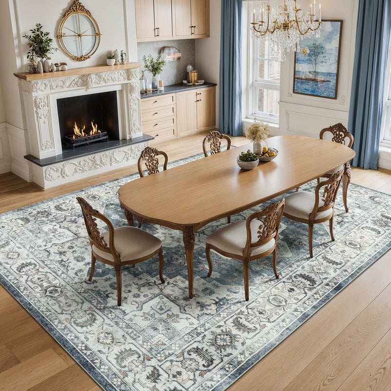 Lessymo 8x10 Vintage Medallion Rug for Living Room, Machine Washable Area Rugs for Bedroom Dining Room Under Table, Soft Low Pile Carpet with Non Slip Backing, Blue Grey/Beige - Image 2
