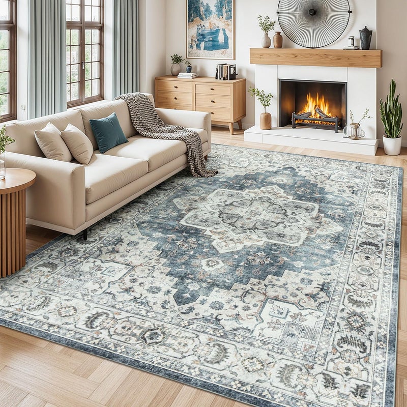 Lessymo 8x10 Vintage Medallion Rug for Living Room, Machine Washable Area Rugs for Bedroom Dining Room Under Table, Soft Low Pile Carpet with Non Slip Backing, Blue Grey/Beige - Image 1