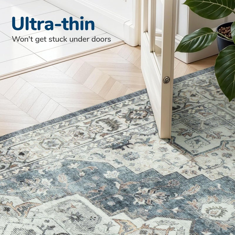 Lessymo 8x10 Vintage Medallion Rug for Living Room, Machine Washable Area Rugs for Bedroom Dining Room Under Table, Soft Low Pile Carpet with Non Slip Backing, Blue Grey/Beige - Image 5