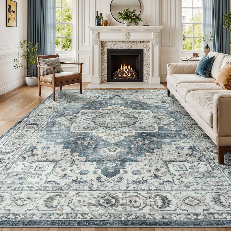 Lessymo 8x10 Vintage Medallion Rug for Living Room, Machine Washable Area Rugs for Bedroom Dining Room Under Table, Soft Low Pile Carpet with Non Slip Backing, Blue Grey/Beige - Image 3