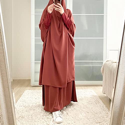 IKADEX Prayer Clothes for Muslim Women Islamic Abaya Suit Maxi Skirt + Khimar Hijab 2pcss Burka Jilbab Kaftan Orange - Image 5