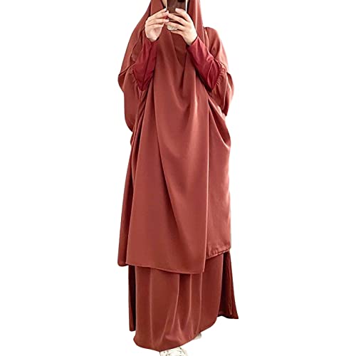 IKADEX Prayer Clothes for Muslim Women Islamic Abaya Suit Maxi Skirt + Khimar Hijab 2pcss Burka Jilbab Kaftan Orange - Image 1