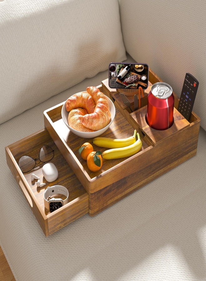 SouStoCol Acacia Wood Couch Cup Holder, 7-in-1 Couch Caddy Tray, Sofa Side Table with Push-Pull Drawer to Organize and Store Small Objects, 360°Swivel Phone Holder, for Drinks, Cups, Snacks, Remote - Image 1