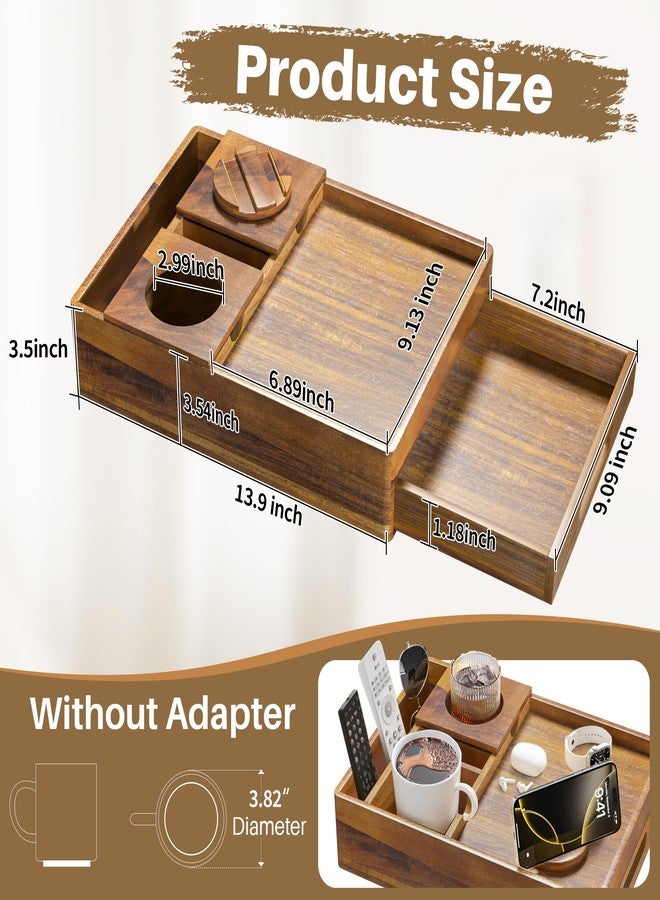 SouStoCol Acacia Wood Couch Cup Holder, 7-in-1 Couch Caddy Tray, Sofa Side Table with Push-Pull Drawer to Organize and Store Small Objects, 360°Swivel Phone Holder, for Drinks, Cups, Snacks, Remote - Image 2