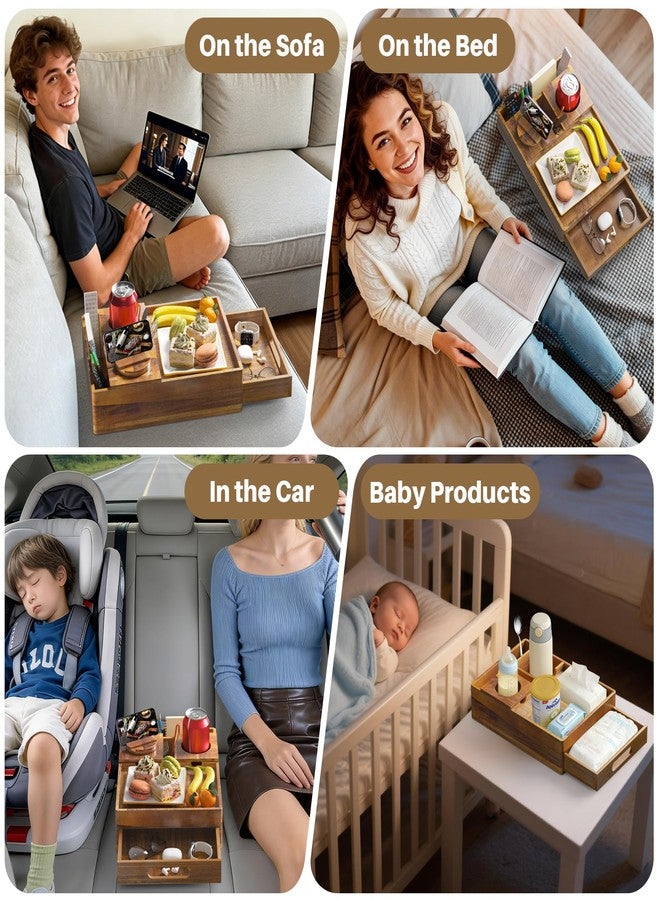 SouStoCol Acacia Wood Couch Cup Holder, 7-in-1 Couch Caddy Tray, Sofa Side Table with Push-Pull Drawer to Organize and Store Small Objects, 360°Swivel Phone Holder, for Drinks, Cups, Snacks, Remote - Image 3