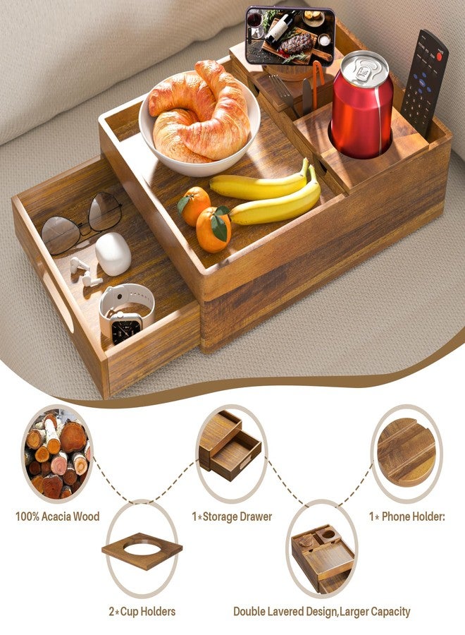 SouStoCol Acacia Wood Couch Cup Holder, 7-in-1 Couch Caddy Tray, Sofa Side Table with Push-Pull Drawer to Organize and Store Small Objects, 360°Swivel Phone Holder, for Drinks, Cups, Snacks, Remote - Image 5
