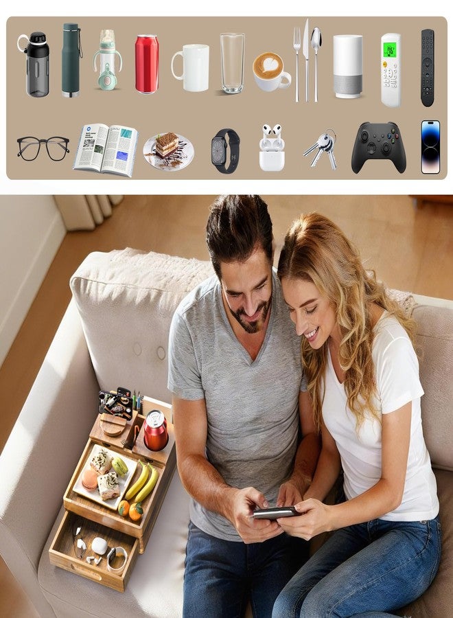 SouStoCol Acacia Wood Couch Cup Holder, 7-in-1 Couch Caddy Tray, Sofa Side Table with Push-Pull Drawer to Organize and Store Small Objects, 360°Swivel Phone Holder, for Drinks, Cups, Snacks, Remote - Image 4