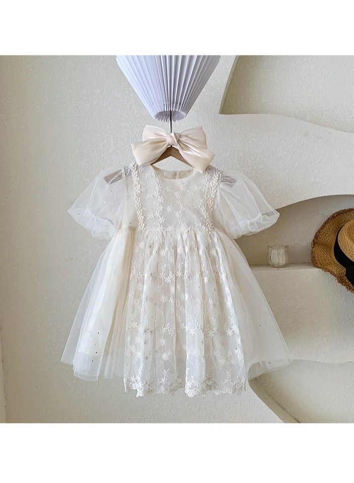 2–3Y Toddler Girl Princess Dress, White Embroidered Tulle Dress, Puff Sleeve Birthday Outfit, Baby Girl Dress for Wedding, Eid, Summer Photo Shoot, Fit for Height 100cm - Image 1