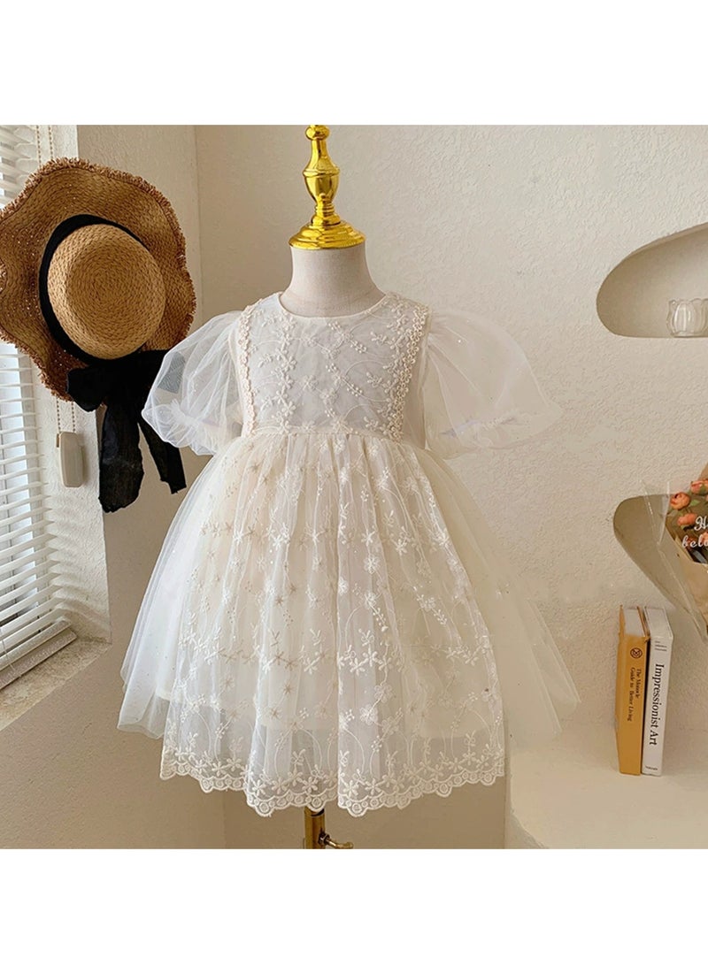 2–3Y Toddler Girl Princess Dress, White Embroidered Tulle Dress, Puff Sleeve Birthday Outfit, Baby Girl Dress for Wedding, Eid, Summer Photo Shoot, Fit for Height 100cm - Image 4