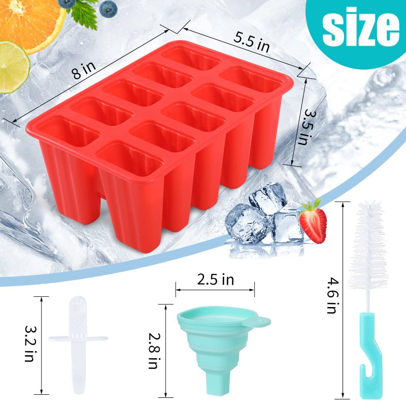 KULENAND Popsicle Molds,Silicone Ice Pop Molds,BPA Free Popsicle Mold Reusable Easy Release Ice Pop Maker,Homemade Popsicle Mould with Silicone Funnel and Cleaning Brush (Red, 10 Cavities) - Image 3