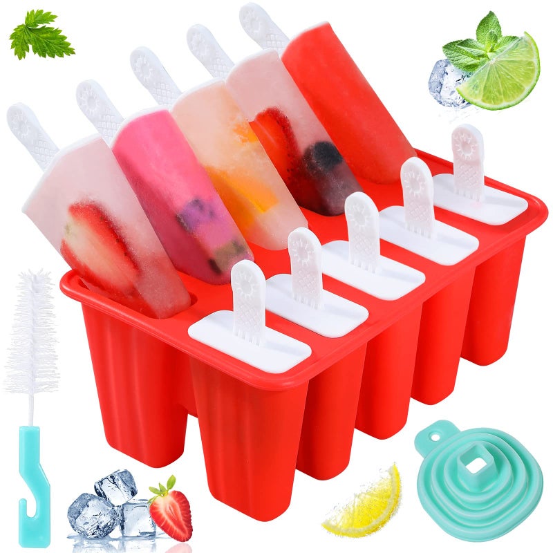KULENAND Popsicle Molds,Silicone Ice Pop Molds,BPA Free Popsicle Mold Reusable Easy Release Ice Pop Maker,Homemade Popsicle Mould with Silicone Funnel and Cleaning Brush (Red, 10 Cavities) - Image 1