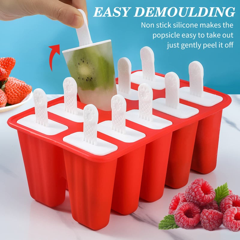 KULENAND Popsicle Molds,Silicone Ice Pop Molds,BPA Free Popsicle Mold Reusable Easy Release Ice Pop Maker,Homemade Popsicle Mould with Silicone Funnel and Cleaning Brush (Red, 10 Cavities) - Image 4