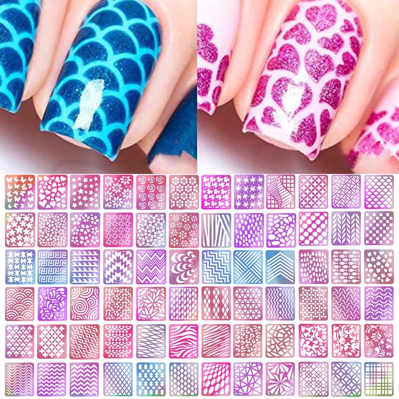 TailaiMei TailaiMei 144 Pieces 72 Designs Nail Vinyls Stencil Sticker Set for Nail Art Decal 24 Sheets Reusable DIY Hollow Nail Art Supplies