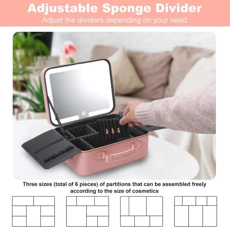 Mocado Travel Makeup Bag with LED Lighted Mirror,Makeup Case with 3 Color Lighted Setting and 10x Magnifying Mirror, Portable Storage and Adjustable Dividers (Pink with Hard Leather) - Image 4