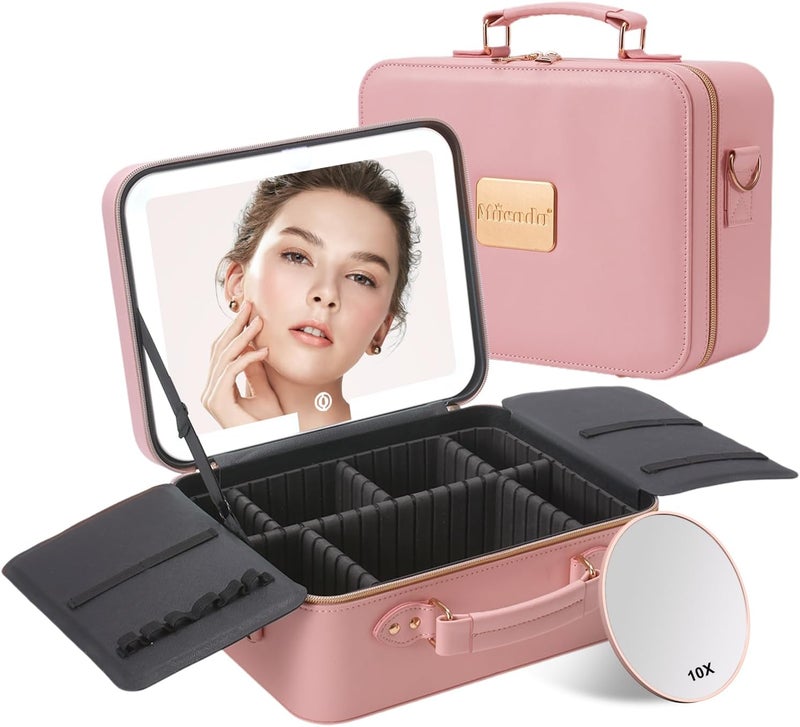 Mocado Travel Makeup Bag with LED Lighted Mirror,Makeup Case with 3 Color Lighted Setting and 10x Magnifying Mirror, Portable Storage and Adjustable Dividers (Pink with Hard Leather) - Image 1
