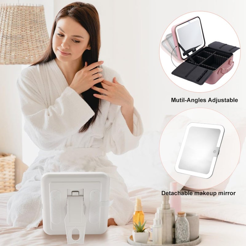 Mocado Travel Makeup Bag with LED Lighted Mirror,Makeup Case with 3 Color Lighted Setting and 10x Magnifying Mirror, Portable Storage and Adjustable Dividers (Pink with Hard Leather) - Image 5